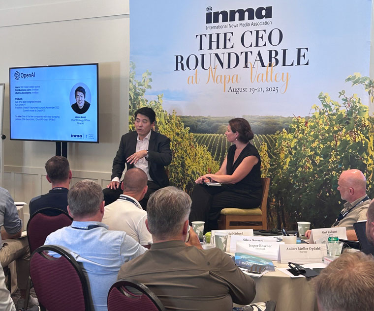 Jason Kwon, chief strategy officer at OpenAI, talks with INMA Product & Tech Initiative Lead Jodie Hopperton at the recent INMA CEO Roundtable.