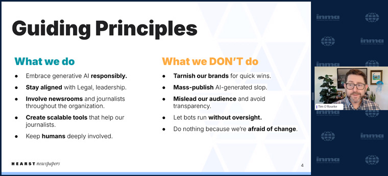 Tim O'Rourke shared how Hearts Newspapers has implemented its guiding principles for AI use into its newsrooms.